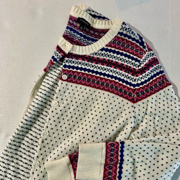 Talbots, Women's Lambswool Blend White Nordic Fair Isle Cardigan, sz L - Picture 3 of 5
